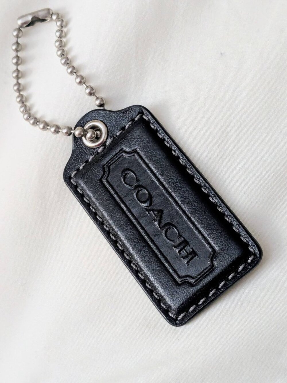 Coach Hang Tag 2.5" Charm Black Leather Silver Chunky Nickel Ball Chain Y2K